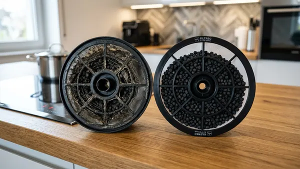 Comparaison entre filtre à charbon usagé saturé et filtre neuf